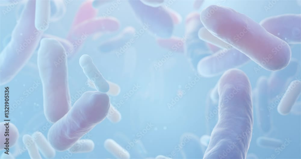 bacterium Lactobacillus under microscope in motion, probiotic Lactobacillus, Lactobacillus acidophilus, looped 3d rendering of Beneficial Microorganisms
