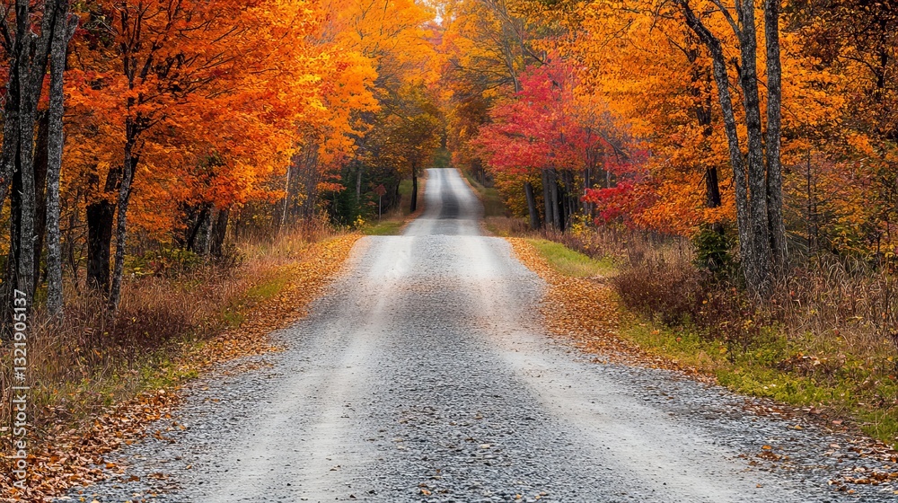 Fototapeta premium A gravel road weaving through a maple grove during the fall season