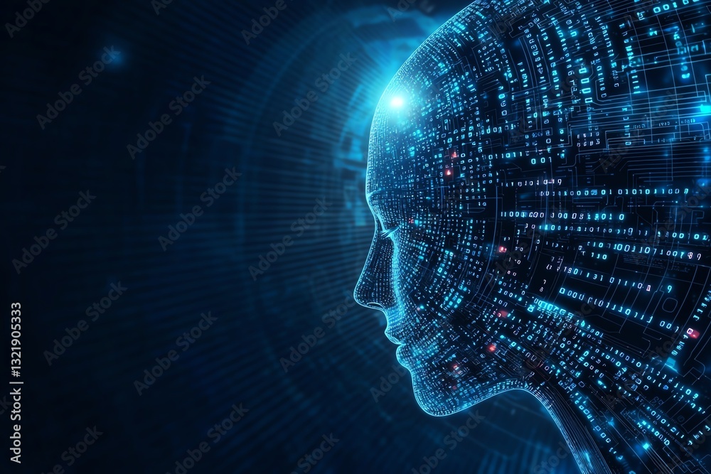 A digital representation of a human head surrounded by glowing data patterns that symbolize artificial intelligence and technological advancement in a futuristic setting. A digital representation of a human head surrounded by glowing data patterns that symbolize artificial intelligence and technological advancement in a futuristic setting.