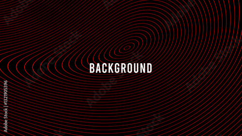 Black abstract background with red outline circles, wavy lines and gradient transition, dynamic swirl shape.	