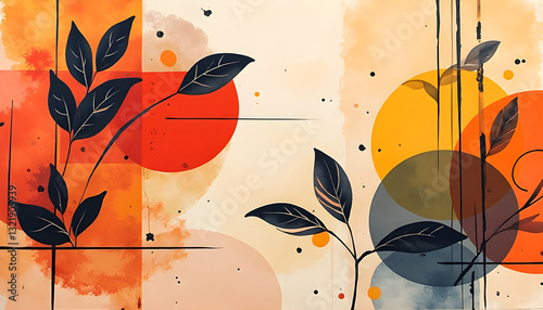 A modern abstract botanical painting featuring dark leaves, geometric shapes, and a warm color palette of orange, red, and yellow, evoking a sense of nature and design harmony.