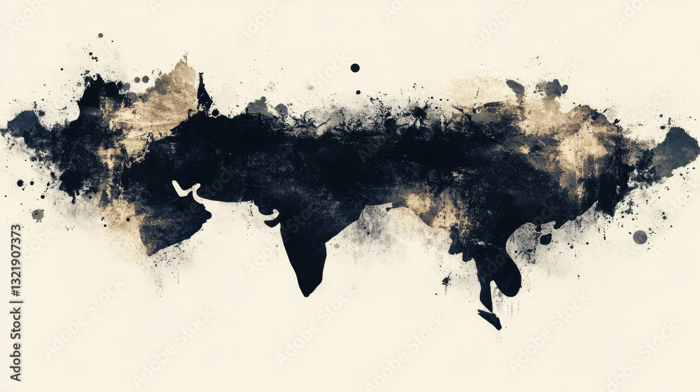 Black ink splattering and creating an abstract shape reminiscent of the map of thailand, offering a unique and artistic representation of the country Black ink splattering and creating an abstract shape reminiscent of the map of thailand, offering a unique and artistic representation of the country