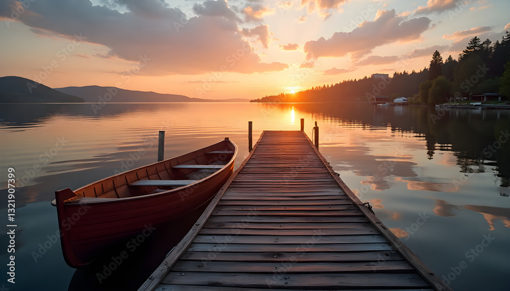 Naklejka premium A rustic wooden dock extends into a calm lake at sunset, with a red canoe resting beside it, reflecting the warm hues of the sky over the still water.