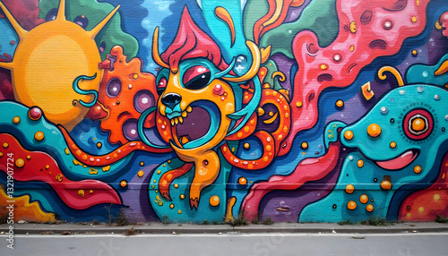 A vibrant and surreal graffiti mural featuring an abstract creature with swirling patterns, bold colors, and intricate details on a city street wall.