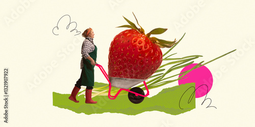 Fotografie Woman farmer pushing wheelbarrow with giant strawberry among fresh greenery in stylized rural setting