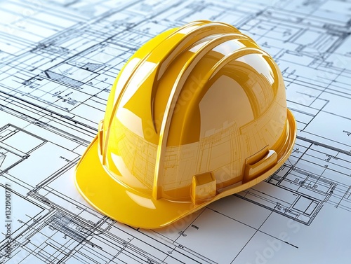 Yellow hard hat resting atop detailed architectural blueprints drawing plans photo