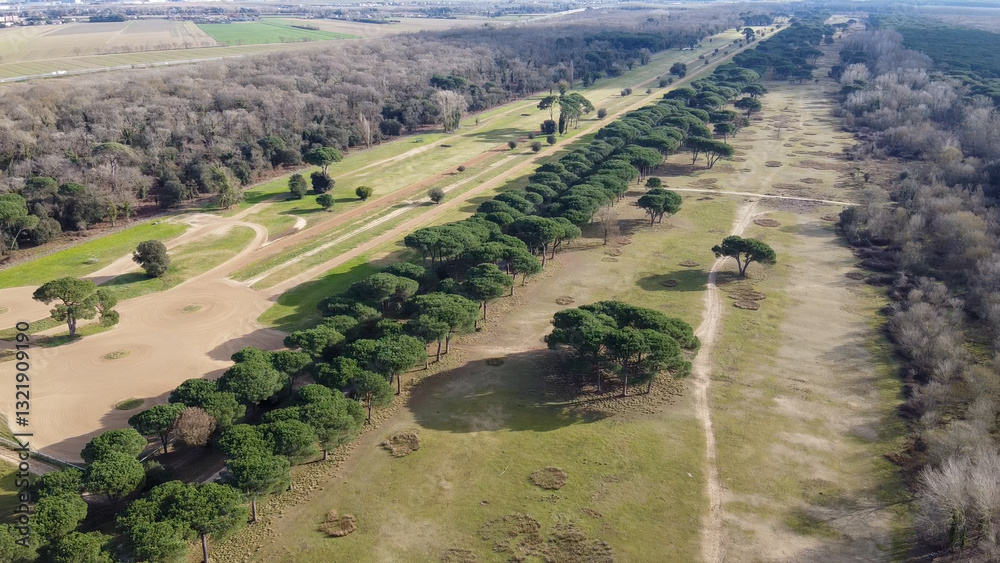 Stunning drone shot of San Rossore Park in Pisa, featuring forests and winding rivers