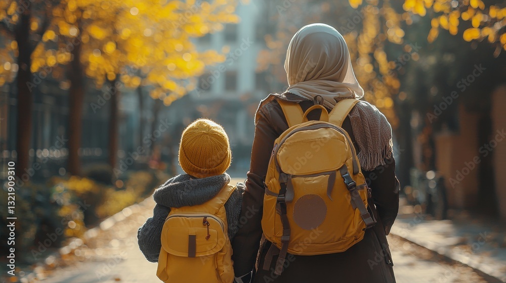 Autumn day: A mother with hijab and child walking to school together