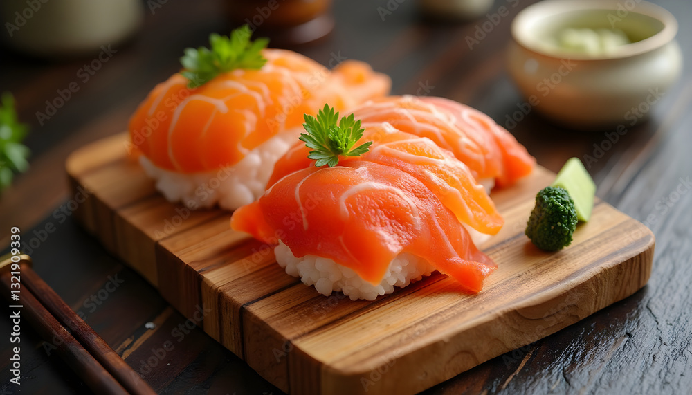 Freshly sliced sushi nigiri with thick-cut salmon resting on seasoned rice, garnished with green herbs. Freshly sliced sushi nigiri with thick-cut salmon resting on seasoned rice, garnished with green herbs.
