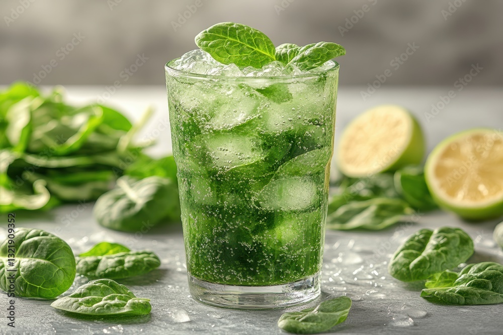 Refreshing green drink with mint leaves, ice, and lime, surrounded by fresh spinach leaves. Perfect for a healthy lifestyle and summer enjoyment. Refreshing green drink with mint leaves, ice, and lime, surrounded by fresh spinach leaves. Perfect for a healthy lifestyle and summer enjoyment.