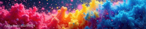 Swirling rainbow Holi paint explosion, wide panoramic view , explosion, rainbow, wide