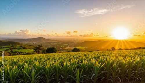 Golden sunset over sugar cane fields, tranquil rural landscape