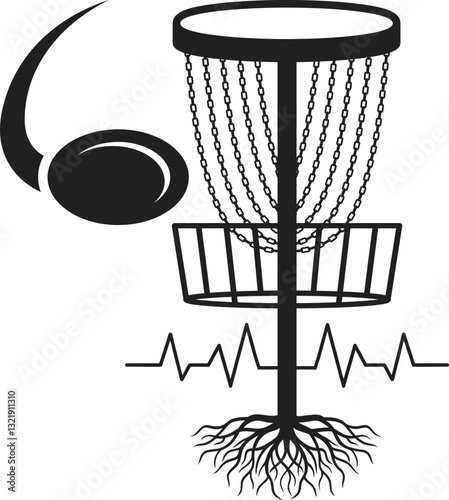 Disc Golf Basket With Frisbee Silhouette, Disc Golf SVG Cut Files, Disc Golf Silhouette, Sports Vector, Disc Golf Basket Silhouette Illustration