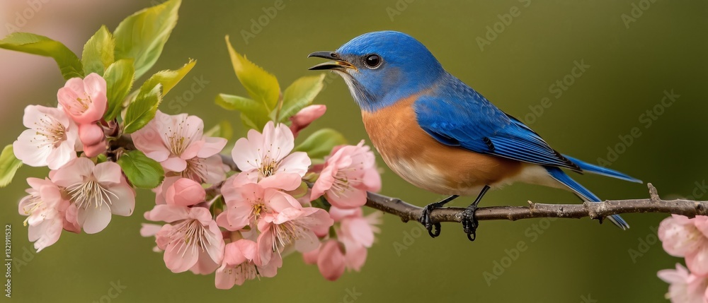 Bluebird singing amid cherry blossoms nature petal-laden branch spring close-up Bluebird singing amid cherry blossoms nature petal-laden branch spring close-up