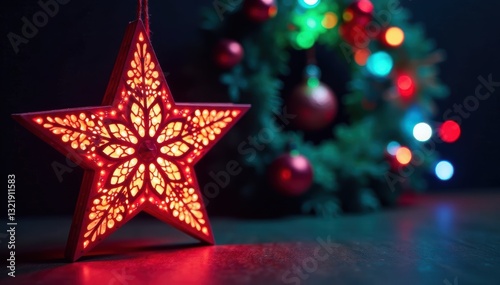 Vibrant papel picado star pi?ata, festive lights, Christmas wreath , colorful stars, papel picado, alegria photo
