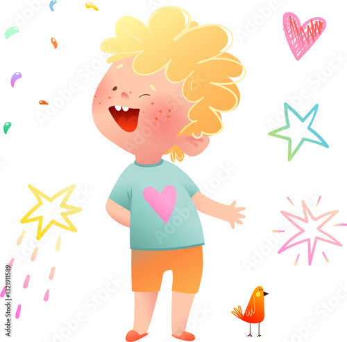 Cute cartoon illustration of a little baby boy standing smiling or laughing. Childhood playful funny character for kindergarten and elementary school education. Vector cartoon character for kids.