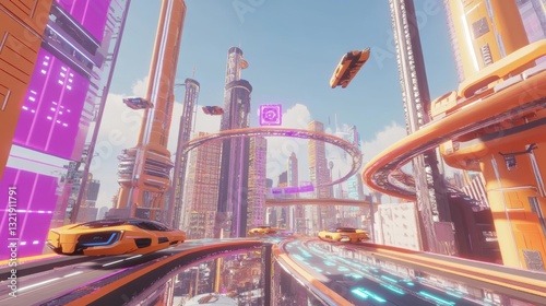 A futuristic city with flying cars, advanced highways, and towering skyscrapers under a bright sky.