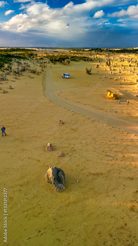 Aerial view of Pinnacles Desert at sunset, Western Australia