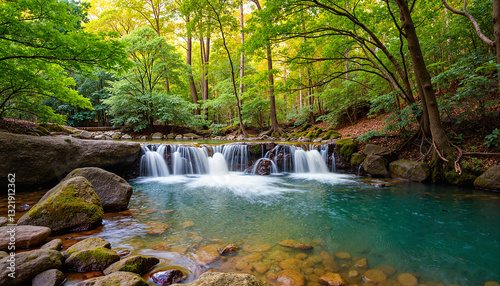 Tranquil waterfall cascading into clear pool, serene nature escape