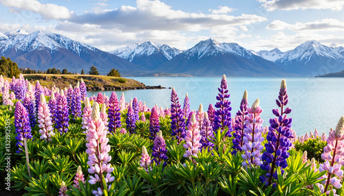 Vibrant lupine flowers blooming by tranquil Lake Tekapo, natural beauty