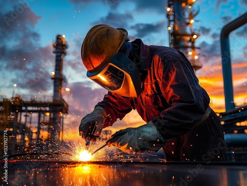 Welder carrying out construction and repair work against an industrial backdrop