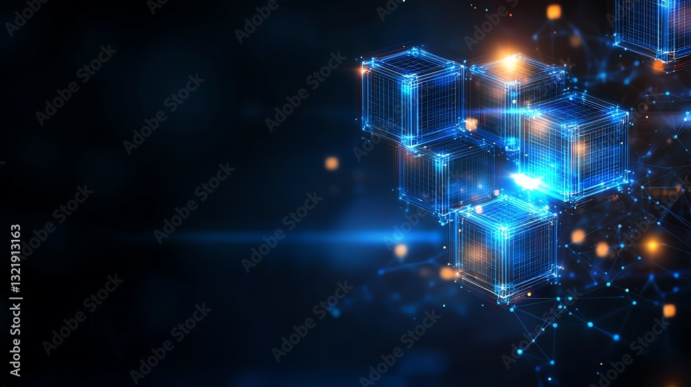 Fototapeta premium Futuristic digital blocks interconnected by glowing lines, representing advanced technology. The abstract design highlights innovation and the power of data in today's world.