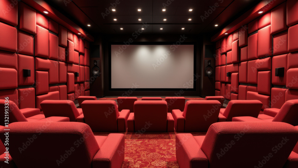 Fototapeta premium Red acoustic panel-lined room with a large screen and comfortable seating for immersive experiences.