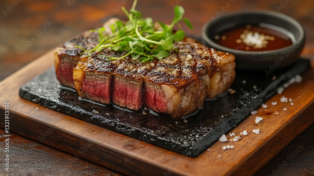 A luxurious close-up of a Wagyu steak, sizzling on a hot stone, its marbling melting into the surface. The wooden board beside it holds soy dipping sauce, a pinch of flaky sea salt, A luxurious close-up of a Wagyu steak, sizzling on a hot stone, its marbling melting into the surface. The wooden board beside it holds soy dipping sauce, a pinch of flaky sea salt,