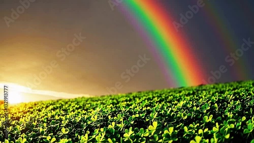 Enchanted Clover Field at Sunrise with Golden Pot of Gold and a Vibrant Rainbow – St. Patrick’s Day Fantasy Scene.