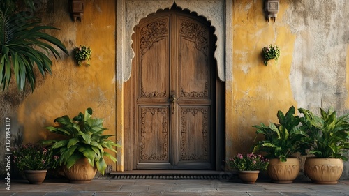  Traditional Indian Entryway with  Hand-Painted Wall Murals ,Vintage Door and Clay Pots.