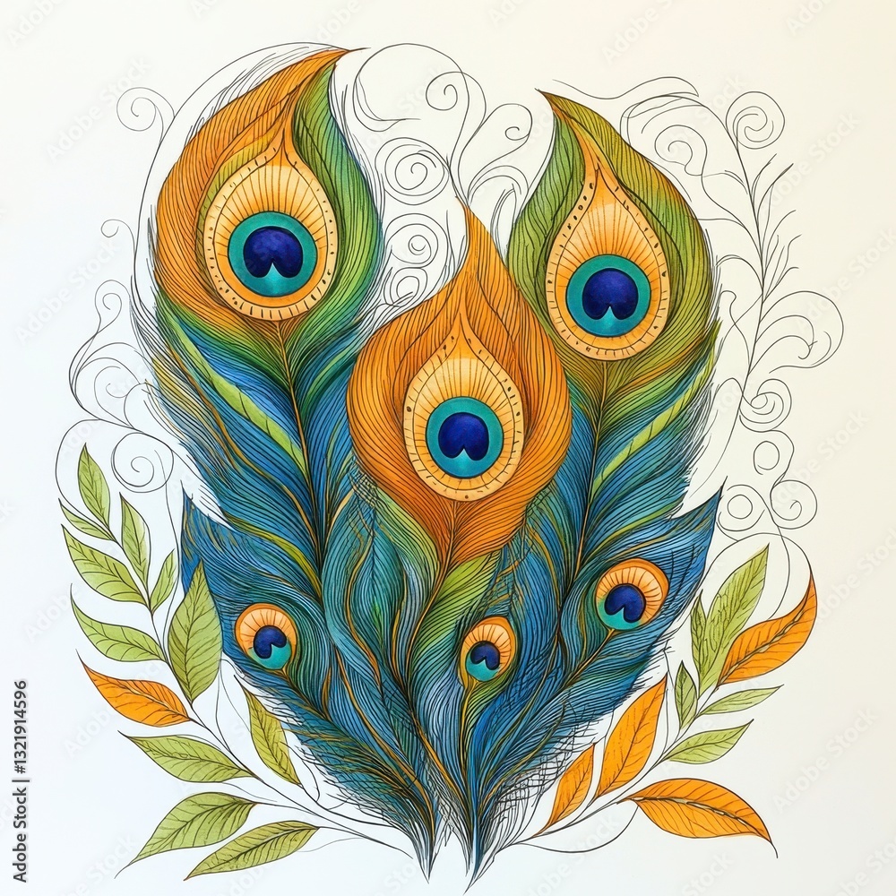 Obraz premium Detailed Peacock Feather Illustration with Gold and Blue Hues