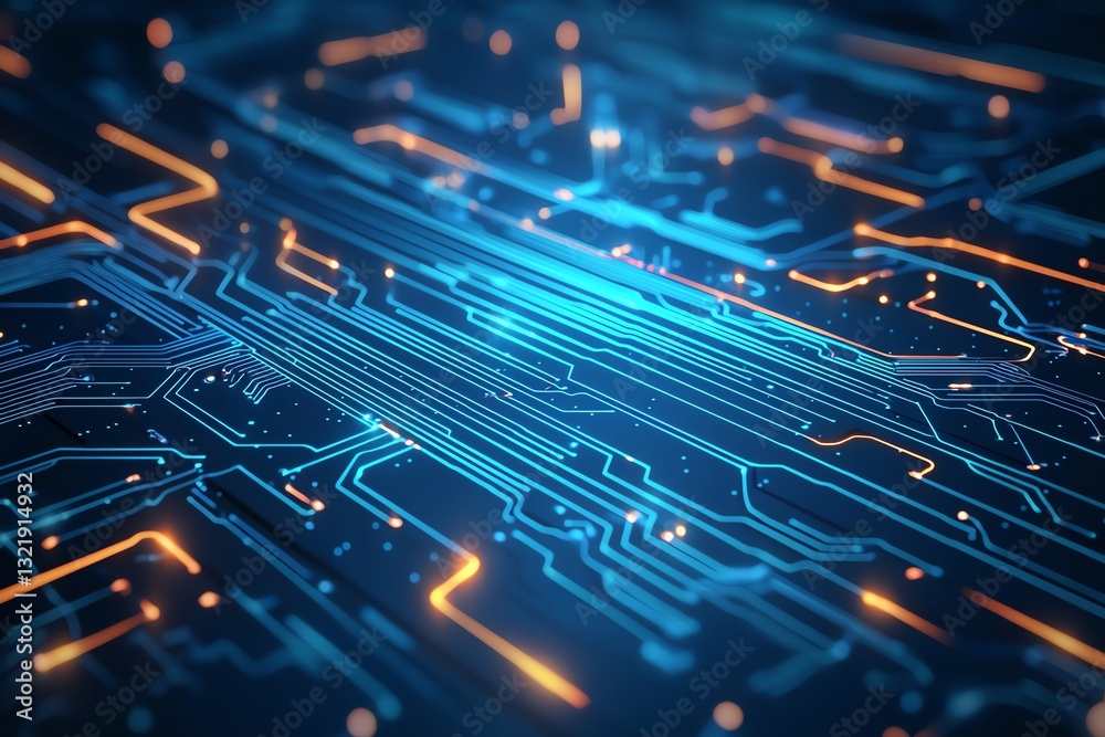 Fototapeta premium A close-up view of a vibrant circuit board showcasing intricate patterns and glowing lines, representing advanced technology and innovation in the digital age.