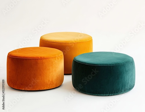 Three round velvet ottomans in varying autumnal hues photo