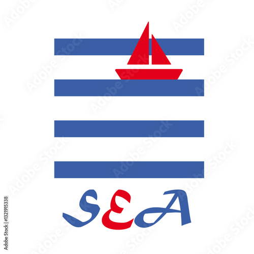 El barco velero rojo sobre las olas azules y la palabra "SEA"