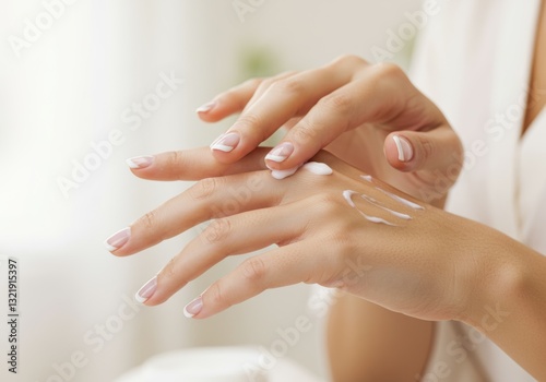 Beautiful woman hands applying cream or lotion.

