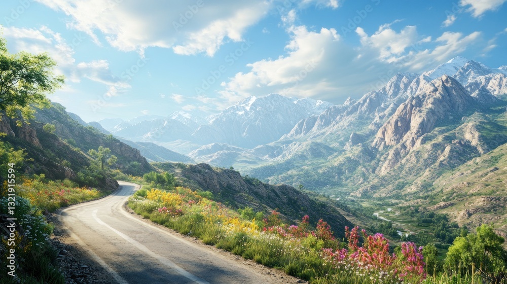 Fototapeta premium Winding mountain road through vibrant valley under a sunny sky