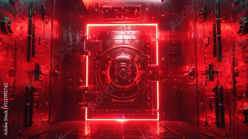 Futuristic Red Neon Vault Interior with Metallic Door and Reflections