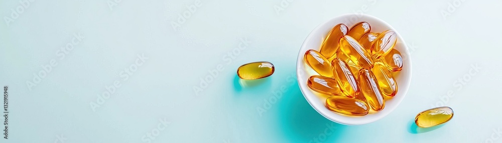 Bowl of golden capsules on a light blue background with scattered pills. Bowl of golden capsules on a light blue background with scattered pills.