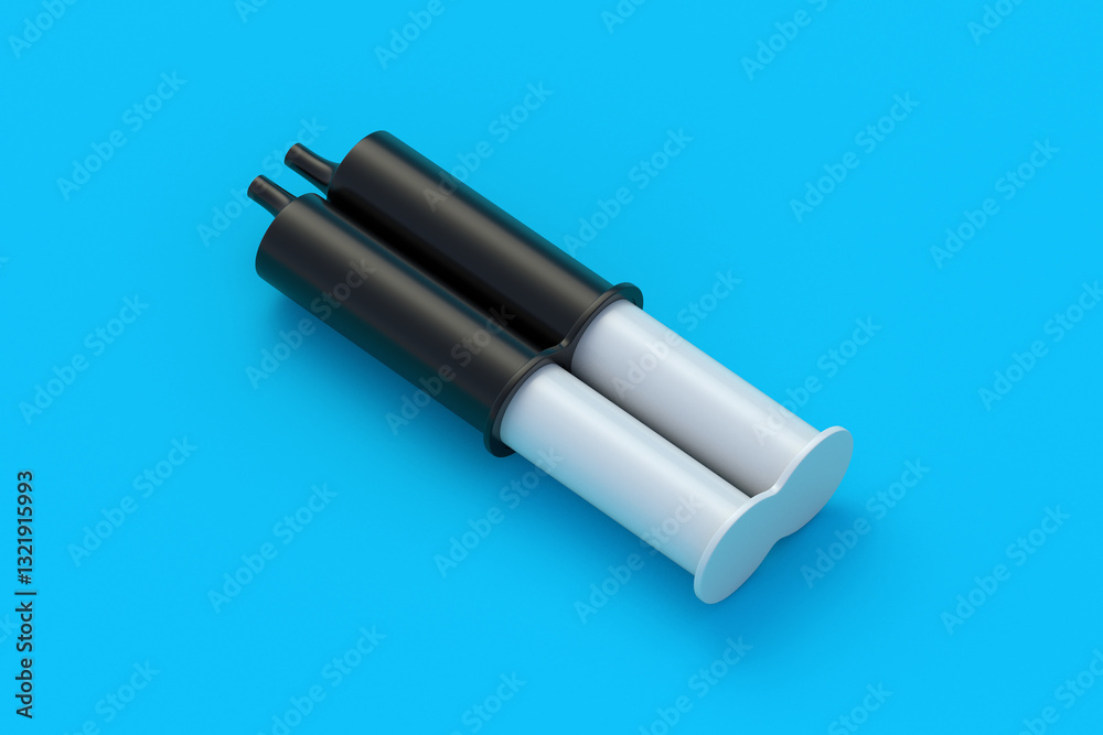 Two component epoxy resin adhesive in syringe on blue background. Glue for metal. Equipment for repair. 3d render Two component epoxy resin adhesive in syringe on blue background. Glue for metal. Equipment for repair. 3d render
