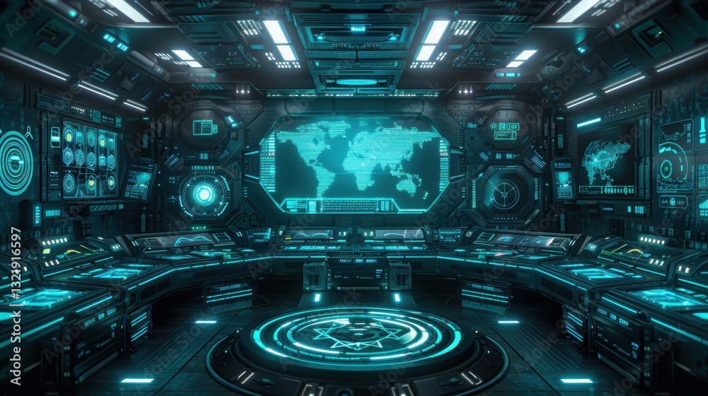 Fototapeta premium Futuristic Control Room with Digital Interface and High-Tech Design