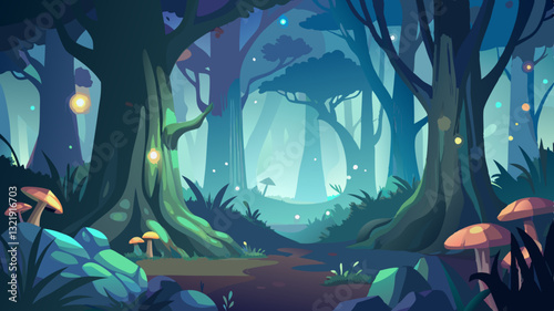 misty enchanted forest with towering ancient trees, soft glowing mushrooms, and fireflies dancing in the air.