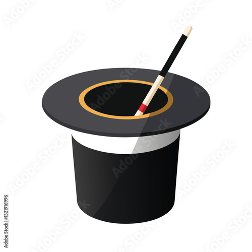 Realistic Black Magician's Top Hat with White-Tipped Wand - Vector, Cartoon, Clipart, Line Art.eps