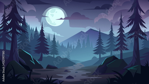 dark and mysterious pine forest under a full moon, with fog rolling over the forest floor.