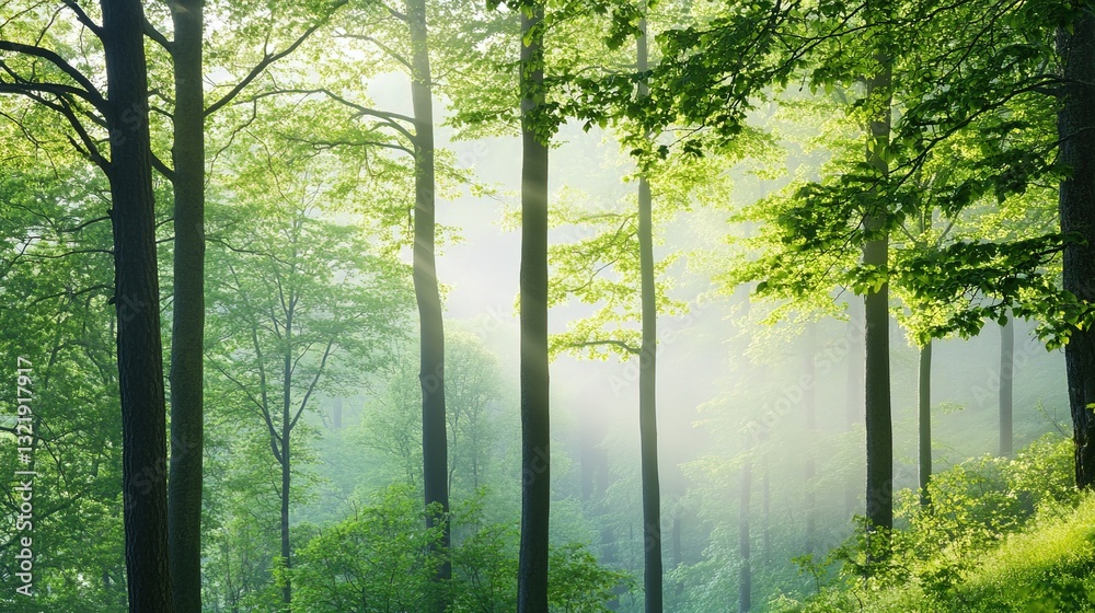 Fototapeta premium Serene forest landscape with soft morning fog drifting through tall trees, branches outlined in mist, capturing nature's quiet elegance, renewal, and mystery