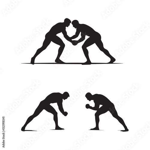 Wrestling and Fighting Poses – Black Silhouette Sports Illustration