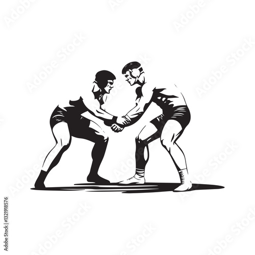 Wrestling Match Between Two Athletes – Dynamic Black and White Vector Illustration