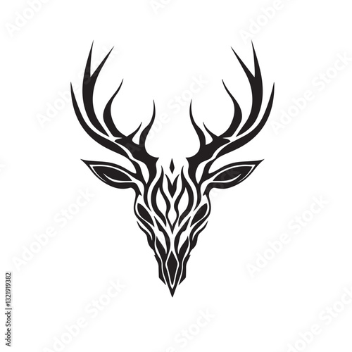 Tribal Stag Head with Ornate Antlers – Wildlife and Tattoo Art