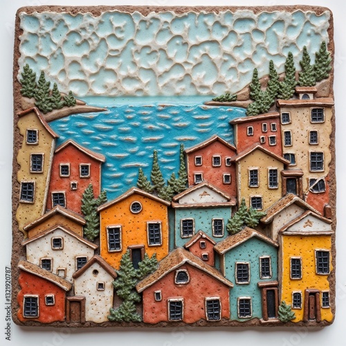 Stylized Village Colorful Houses Mediterranean Tile