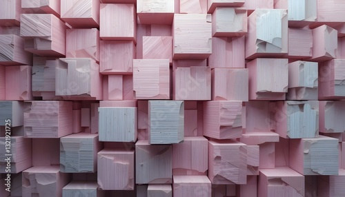 Chiseled Pink Cubes with Subtle White Accents. Layered 3D Blocks in a Pastel Abstract Arrangement.