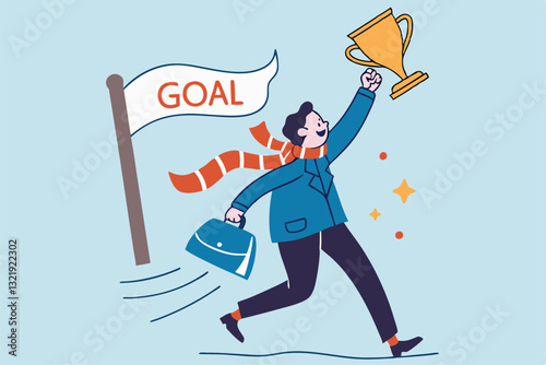 Success winning businessman, achievement, succeed performance or business victory, career success, goal or target accomplishment concept, success businessman running reach finish line with trophy.